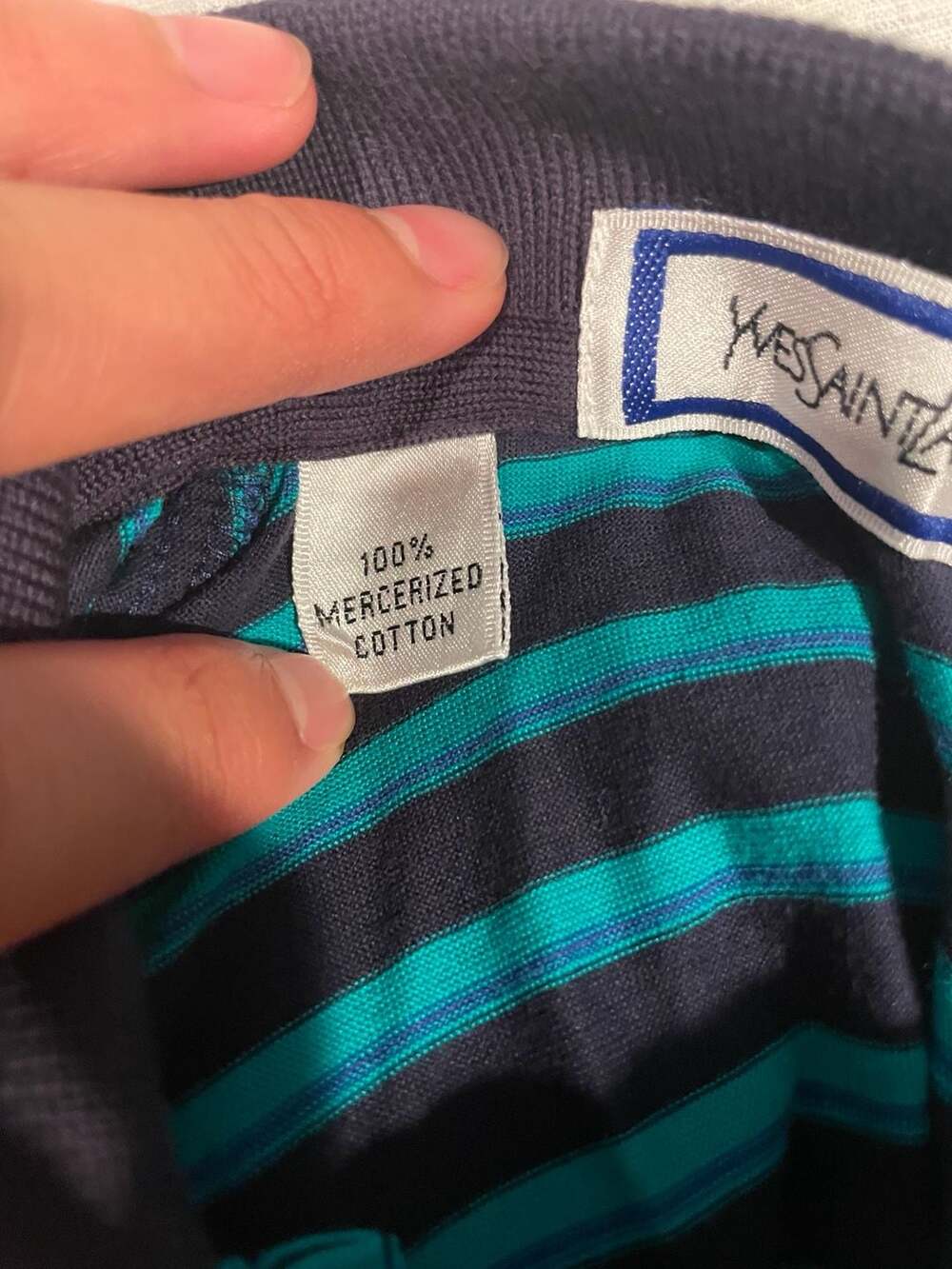 Yves Saint Laurent Vintage Striped Polo Shirt Small Blue Green Mercerized Cotton - Picture 4 of 5